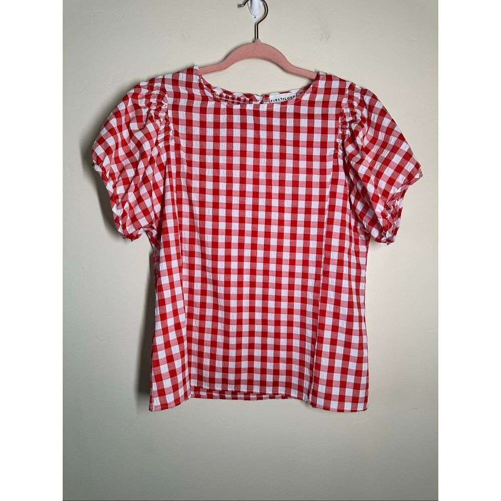 First Love by Lovelyn Red and White Plaid Puff Sleeve Top Size Small